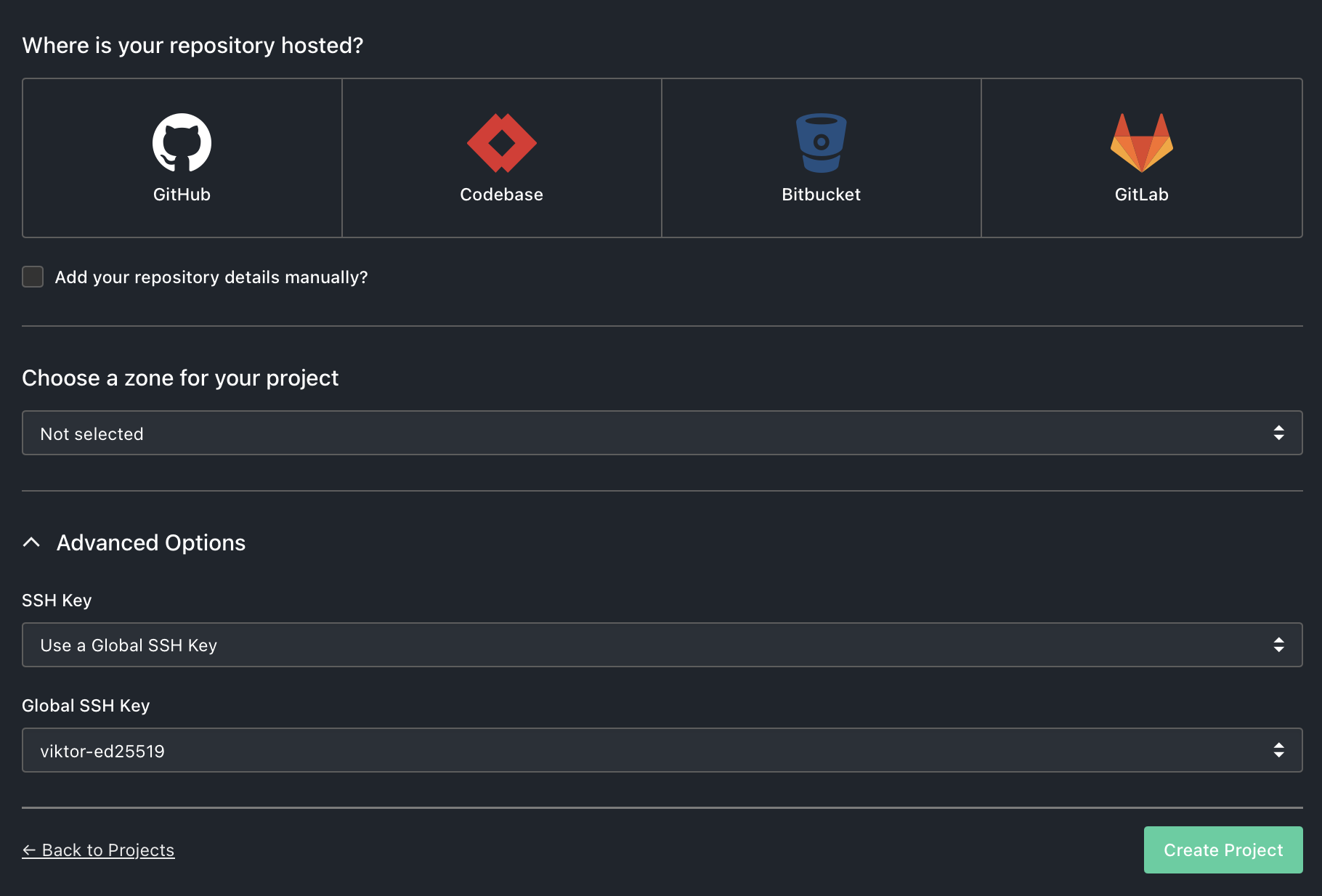 Add Global SSH key to new project interface